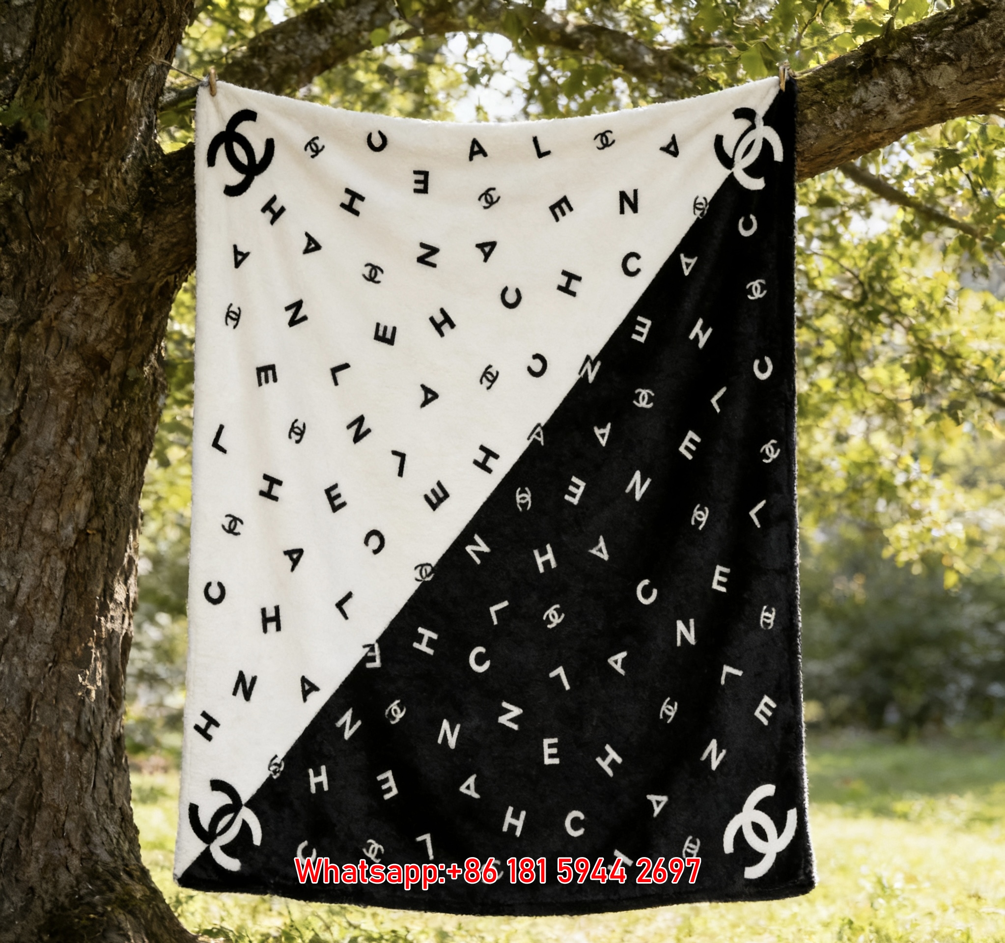 Monochrome Split Chanel Double C & Letter Monogram Flannel Sofa Throw Blanket IMG_6982